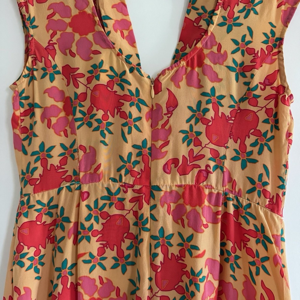 Tracy Reese 100% Silk Dress 4 Floral Y2K Smocked Orange Red Bright Open Back - Picture 5 of 14